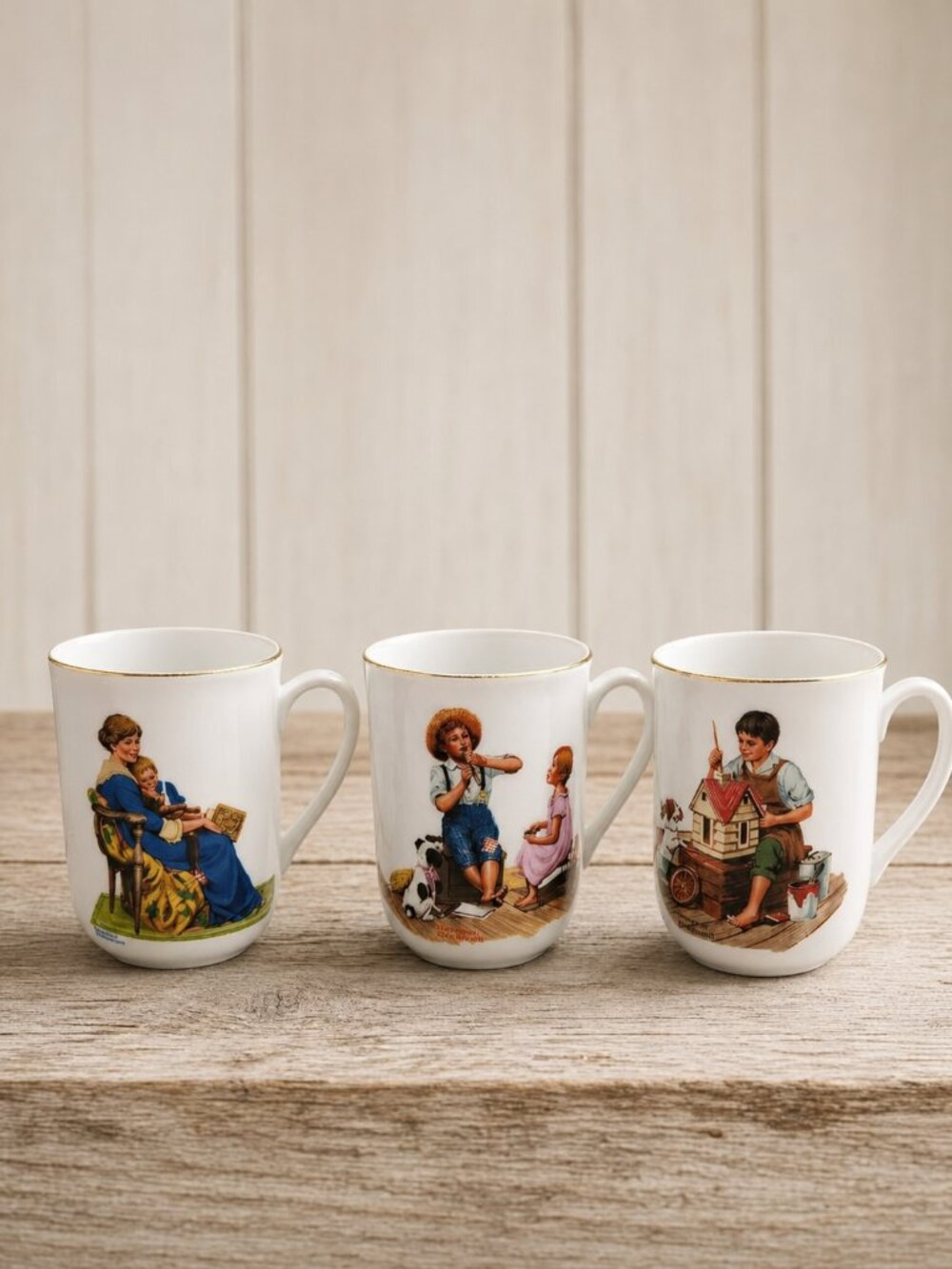 Vintage 1982 Norman Rockwell Museum Porcelain Mugs Set of 3 Gold Trim